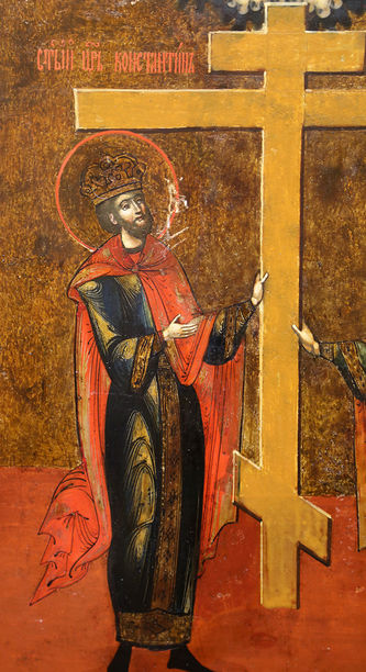 Старинная икона "Воздвижение Креста. Святые царица Елена и император Константин" в окладе - фото 3