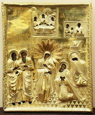 Старинная икона "Явление Богородицы Сергию Радонежскому" в окладе