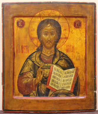 Старинная икона "Господь Вседержитель" в ампирном серебряном окладе с тондо - фото 2