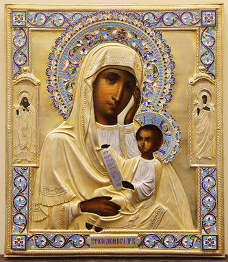 Мастерская золотых и серебряных изделий Ивановой Пелагеи Ефимовны
Старинная икона Богоматери "Утоли мои печали" в окладе с эмалью