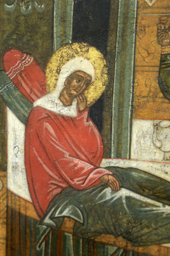 Старинная икона "Рождество Богоматери" 15 века в басманном окладе - фото 2