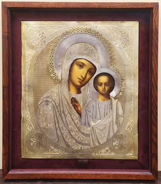 Старинная икона "Богоматерь Казанская" в окладе с меандром - фото 4