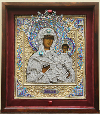 Старинная икона "Смоленская Богоматерь" в окладе с эмалью и бисером - фото 3