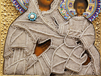 Старинная икона "Смоленская Богоматерь" в окладе с эмалью и бисером - фото 4