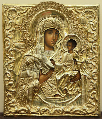 Старинная икона "Богоматерь Иверская" в окладе в стиле барокко