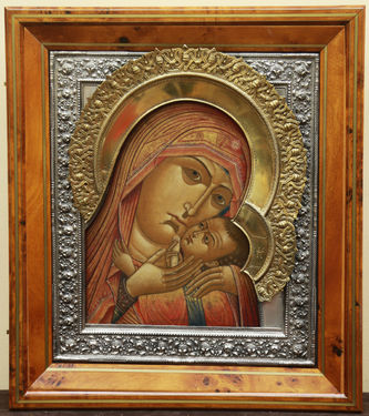 Старинная икона "Богоматерь Корсунская" в окладе с цветочным и плетёным орнаментом - фото 4