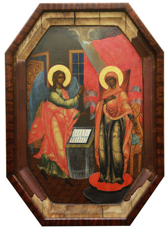 Старинная восьмиугольная икона "Благовещение"