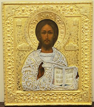 Старинная икона "Господь Вседержитель" в окладе с жемчужной ризой