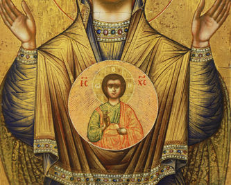 Старинная икона Богоматери "Знамение" на золотом фоне - фото 3