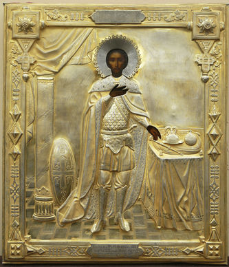 Старинная икона "Святой князь Александр Невский" в окладе