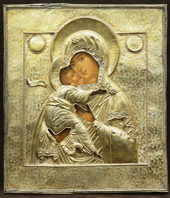 Старинная икона "Богоматерь Владимирская" в окладе