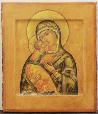 Старинная икона "Богоматерь Владимирская" в окладе - фото 2