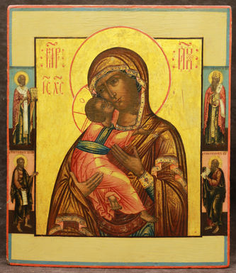 Старинная икона "Богоматерь Владимирская" с предстоящими святыми