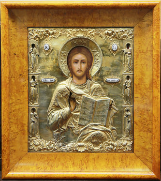 Старинная икона "Господь Вседержитель" в окладе с предстоящими - фото 3
