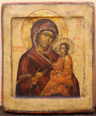 Старинная икона "Богоматерь Тихвинская" в пышном барочном окладе с вазонами - фото 3