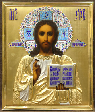 Мастер-ювелир Шляпников И.А.
Старинная икона "Господь Вседержитель" в окладе гильоше с эмалевым венцом