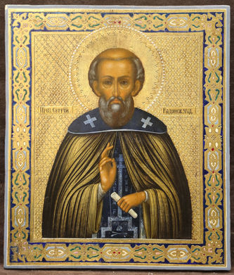 Старинная икона "Сергий Радонежский" с росписью "под эмаль"