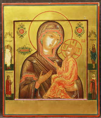 Мастер-ювелир Ратков Григорий Степанович
Старинная икона "Тихвинская Богоматерь с предстоящими" в окладе в стиле раннего классицизма - фото 2