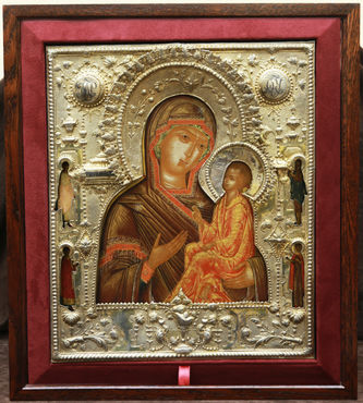 Мастер-ювелир Ратков Григорий Степанович
Старинная икона "Тихвинская Богоматерь с предстоящими" в окладе в стиле раннего классицизма - фото 3