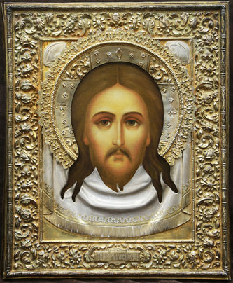 Фабрика Семена и Петра Галкиных
Старинная икона "Спас на убрусе" в серебряном окладе