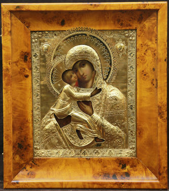 Старинная икона "Владимирская Богоматерь" в окладе с цветочным рисунком - фото 4