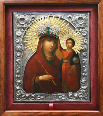 Старинная икона Богоматери "Призри на смирение" с короной в окладе с камнями - фото 4
