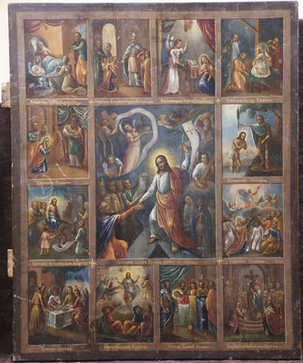 Старинная икона "Воскресение Христово с праздниками"