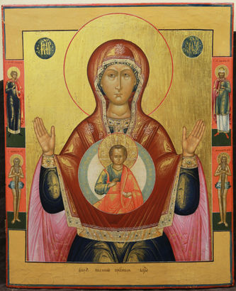 Старинная икона "Богоматерь Знамение" с предстоящими