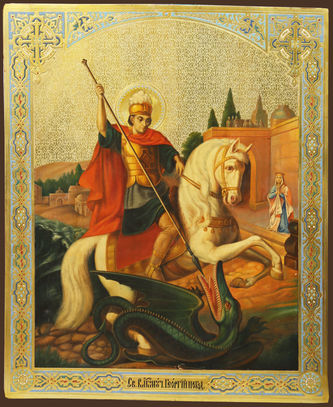 Большая старинная икона "Георгий Победоносец на коне" с росписью "под эмаль"