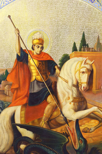 Большая старинная икона "Георгий Победоносец на коне" с росписью "под эмаль" - фото 2