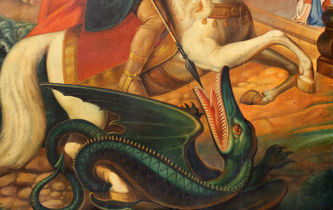 Большая старинная икона "Георгий Победоносец на коне" с росписью "под эмаль" - фото 3