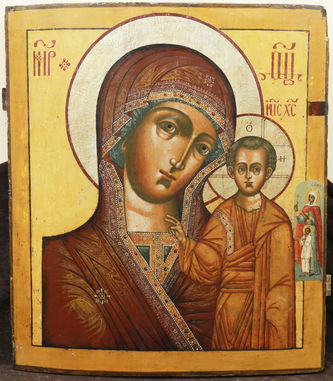 Старинная храмовая икона "Богоматерь Казанская с предстоящими Улитой и Кириком"