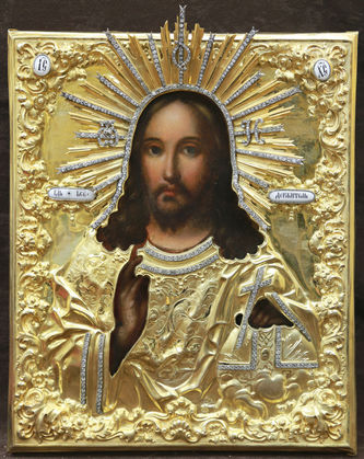 Старинная икона "Господь Вседержитель со скипетром и державой" в окладе с камнями