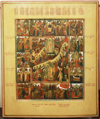 Старинная икона "Воскресение Христово с 16 клеймами"