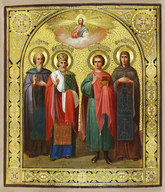 Старинная икона Святые Пантелеймон, Ефим, Николай, Евдокия - фото 2