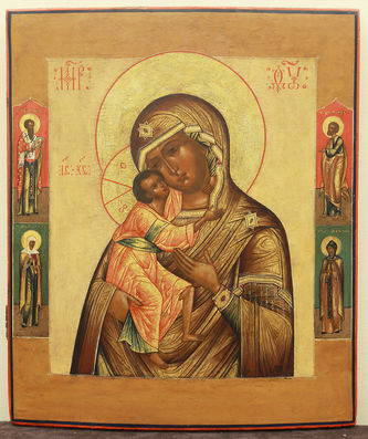 Старинная икона "Богоматерь Фёдоровская с предстоящими святыми"